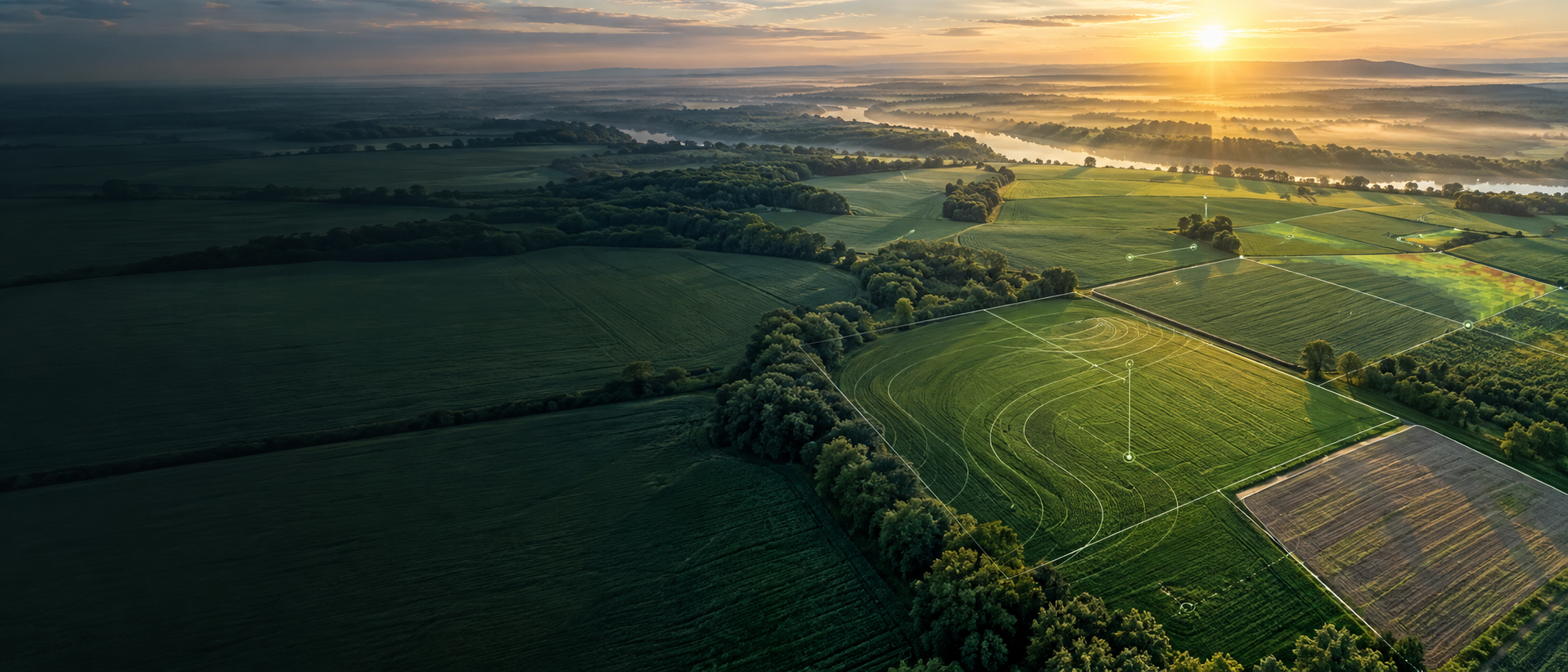 Aerial agricultural landscape with subtle geospatial mapping overlays